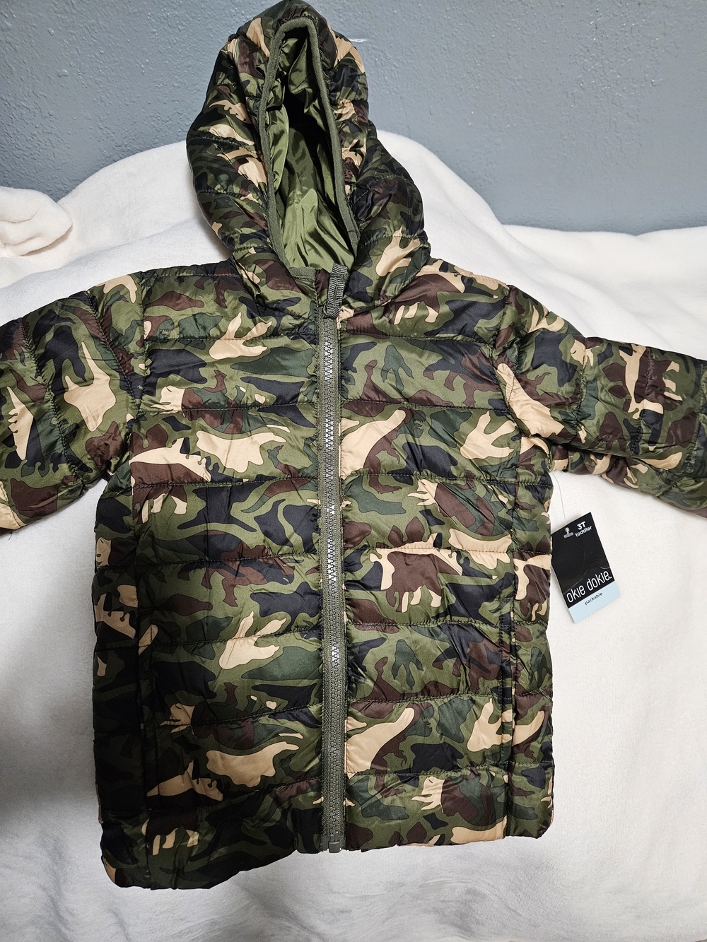 Kids Camouflage Puffer Jacket with Hood - Green/Brown
